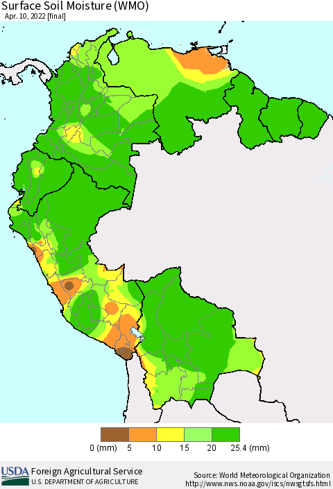 Northern South America Surface Soil Moisture (WMO) Thematic Map For 4/4/2022 - 4/10/2022