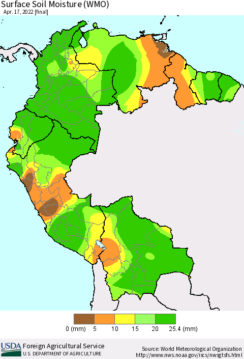 Northern South America Surface Soil Moisture (WMO) Thematic Map For 4/11/2022 - 4/17/2022