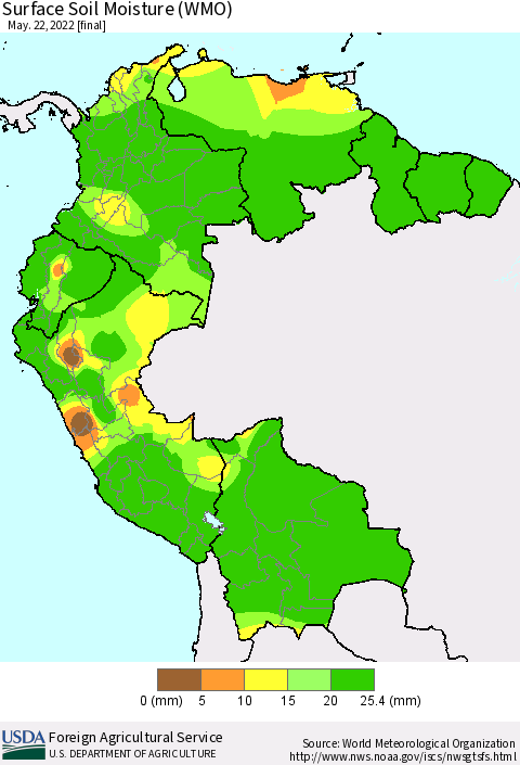 Northern South America Surface Soil Moisture (WMO) Thematic Map For 5/16/2022 - 5/22/2022