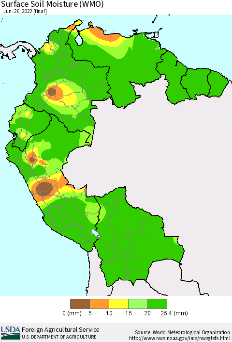 Northern South America Surface Soil Moisture (WMO) Thematic Map For 6/20/2022 - 6/26/2022