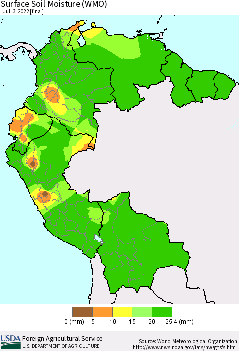 Northern South America Surface Soil Moisture (WMO) Thematic Map For 6/27/2022 - 7/3/2022