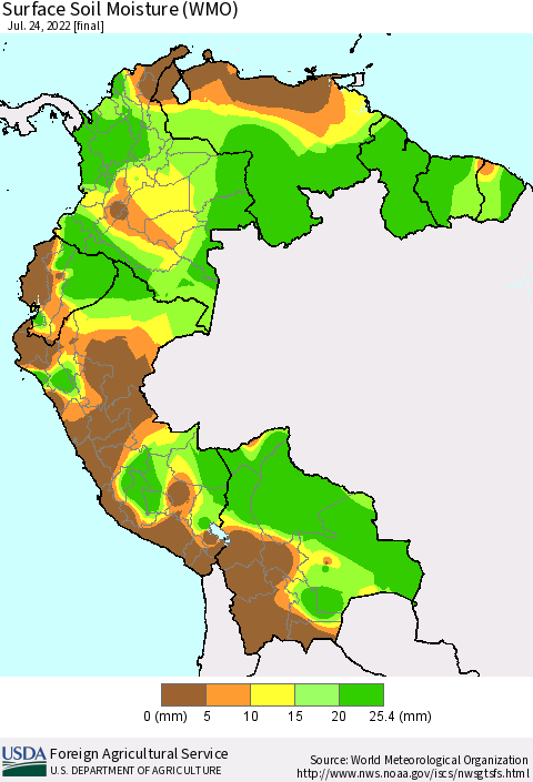 Northern South America Surface Soil Moisture (WMO) Thematic Map For 7/18/2022 - 7/24/2022