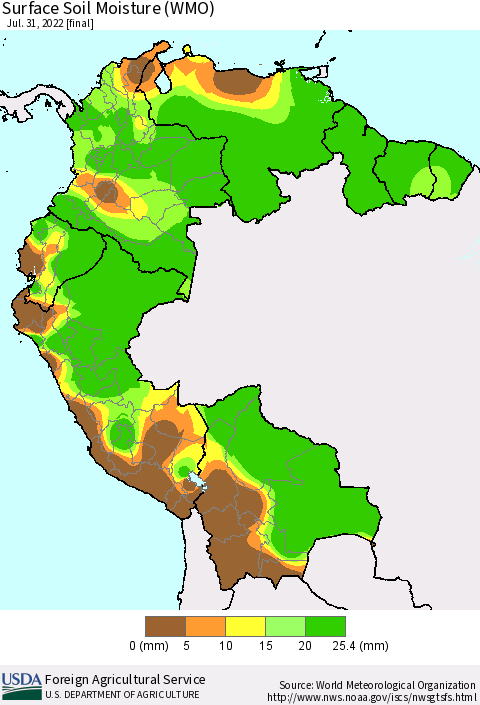 Northern South America Surface Soil Moisture (WMO) Thematic Map For 7/25/2022 - 7/31/2022