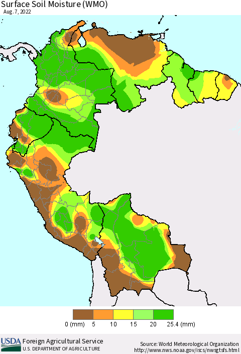 Northern South America Surface Soil Moisture (WMO) Thematic Map For 8/1/2022 - 8/7/2022