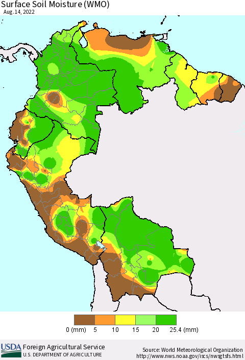 Northern South America Surface Soil Moisture (WMO) Thematic Map For 8/8/2022 - 8/14/2022