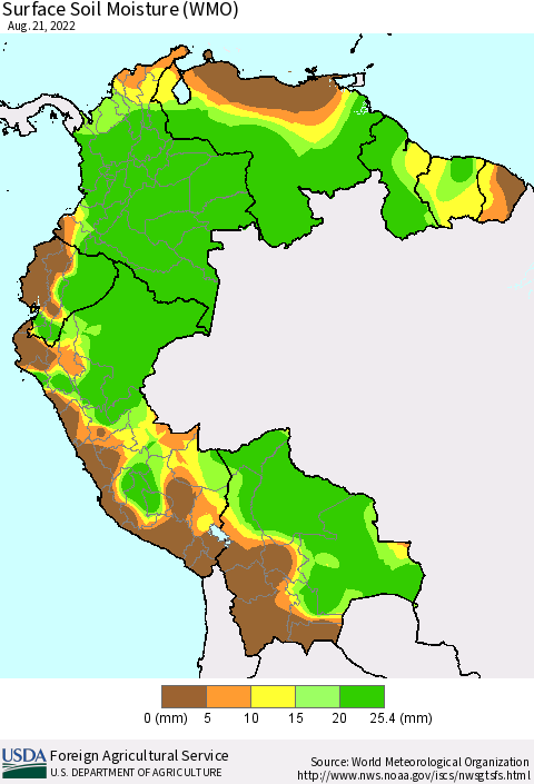 Northern South America Surface Soil Moisture (WMO) Thematic Map For 8/15/2022 - 8/21/2022