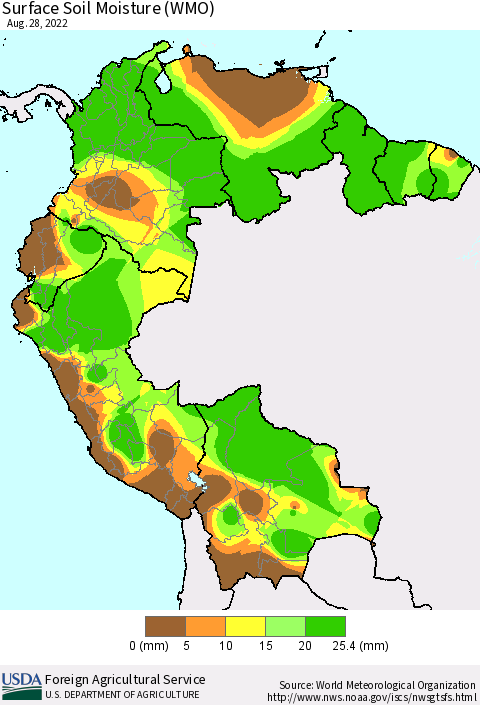Northern South America Surface Soil Moisture (WMO) Thematic Map For 8/22/2022 - 8/28/2022