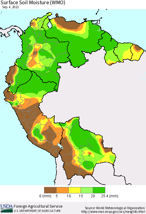 Northern South America Surface Soil Moisture (WMO) Thematic Map For 8/29/2022 - 9/4/2022