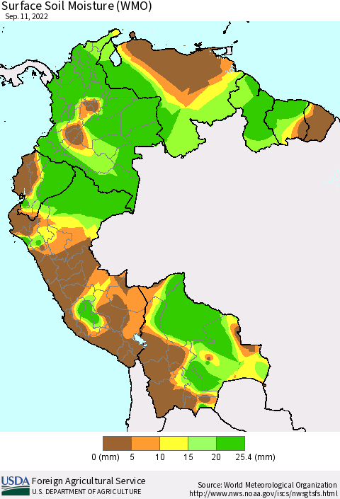 Northern South America Surface Soil Moisture (WMO) Thematic Map For 9/5/2022 - 9/11/2022