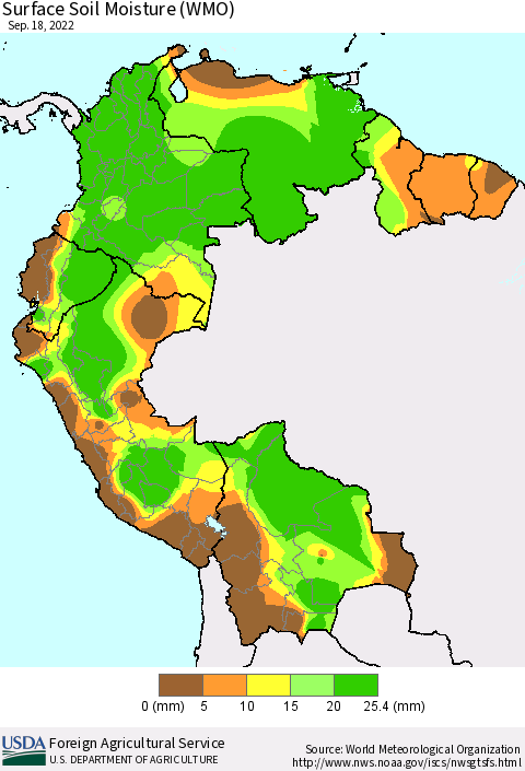 Northern South America Surface Soil Moisture (WMO) Thematic Map For 9/12/2022 - 9/18/2022