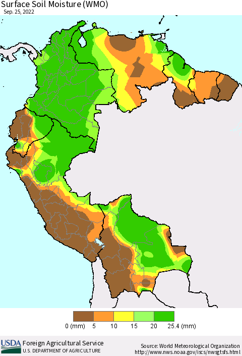 Northern South America Surface Soil Moisture (WMO) Thematic Map For 9/19/2022 - 9/25/2022