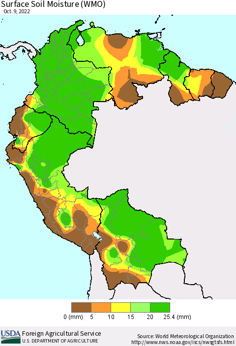 Northern South America Surface Soil Moisture (WMO) Thematic Map For 10/3/2022 - 10/9/2022