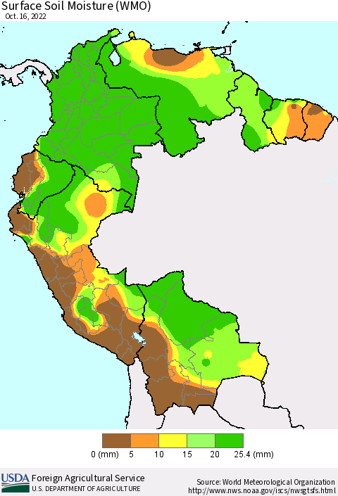 Northern South America Surface Soil Moisture (WMO) Thematic Map For 10/10/2022 - 10/16/2022