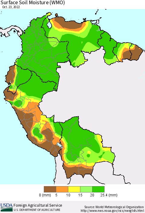 Northern South America Surface Soil Moisture (WMO) Thematic Map For 10/17/2022 - 10/23/2022
