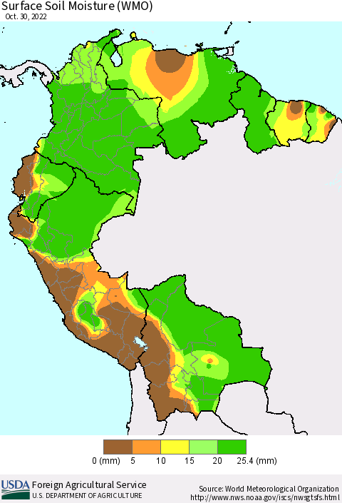 Northern South America Surface Soil Moisture (WMO) Thematic Map For 10/24/2022 - 10/30/2022