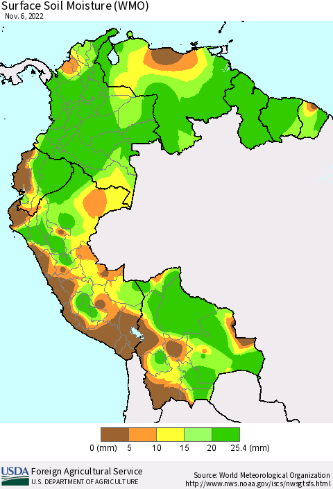 Northern South America Surface Soil Moisture (WMO) Thematic Map For 10/31/2022 - 11/6/2022