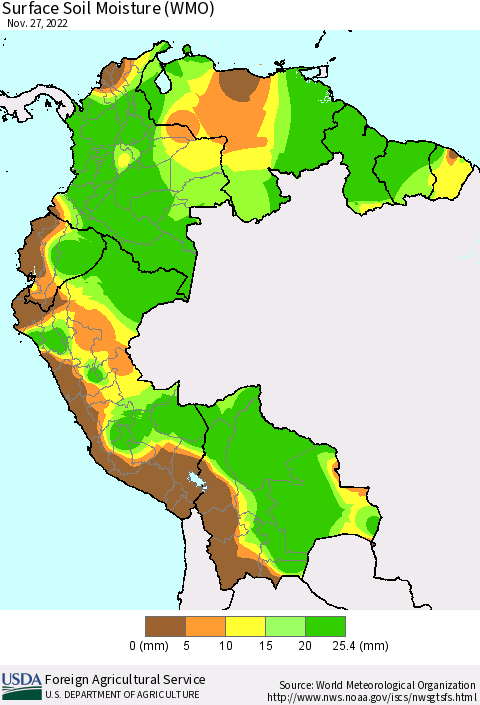 Northern South America Surface Soil Moisture (WMO) Thematic Map For 11/21/2022 - 11/27/2022