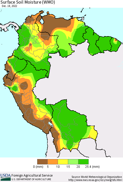 Northern South America Surface Soil Moisture (WMO) Thematic Map For 12/12/2022 - 12/18/2022