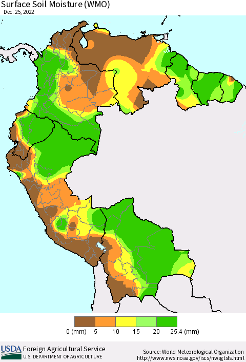 Northern South America Surface Soil Moisture (WMO) Thematic Map For 12/19/2022 - 12/25/2022