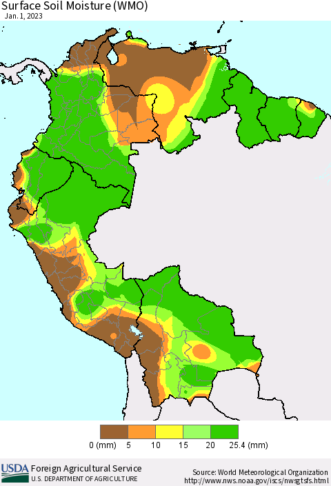 Northern South America Surface Soil Moisture (WMO) Thematic Map For 12/26/2022 - 1/1/2023