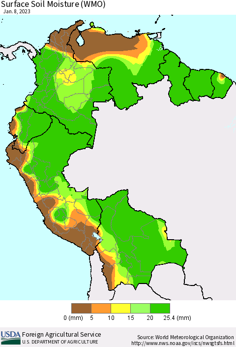 Northern South America Surface Soil Moisture (WMO) Thematic Map For 1/2/2023 - 1/8/2023