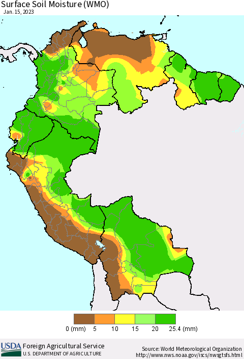 Northern South America Surface Soil Moisture (WMO) Thematic Map For 1/9/2023 - 1/15/2023