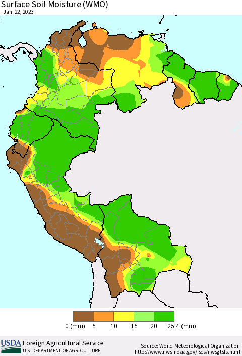 Northern South America Surface Soil Moisture (WMO) Thematic Map For 1/16/2023 - 1/22/2023