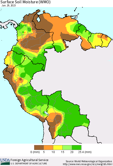 Northern South America Surface Soil Moisture (WMO) Thematic Map For 1/23/2023 - 1/29/2023
