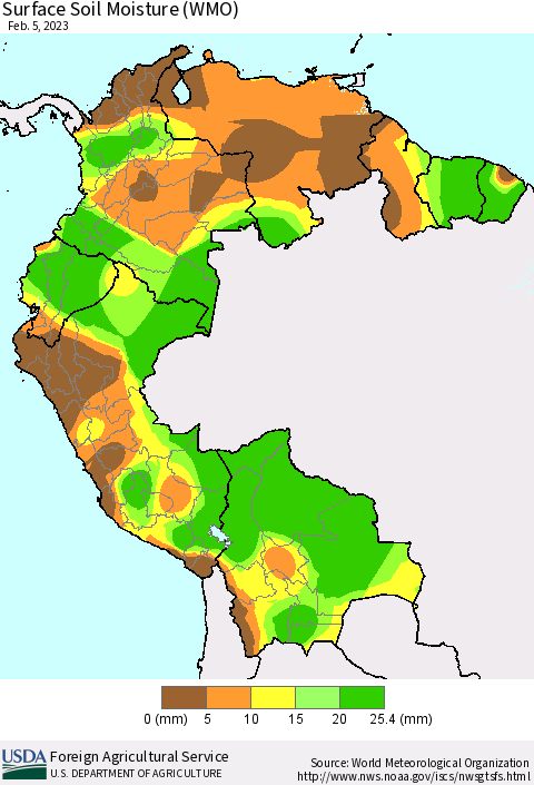Northern South America Surface Soil Moisture (WMO) Thematic Map For 1/30/2023 - 2/5/2023