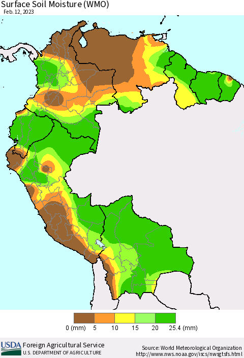 Northern South America Surface Soil Moisture (WMO) Thematic Map For 2/6/2023 - 2/12/2023