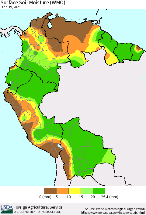 Northern South America Surface Soil Moisture (WMO) Thematic Map For 2/13/2023 - 2/19/2023