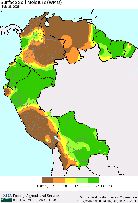 Northern South America Surface Soil Moisture (WMO) Thematic Map For 2/20/2023 - 2/26/2023