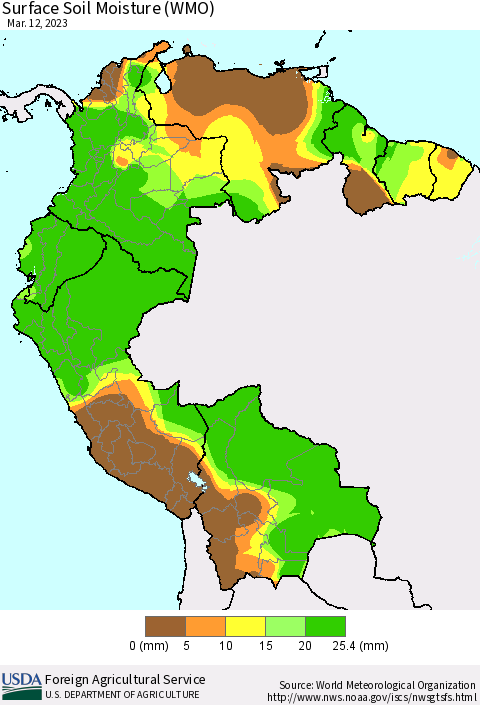 Northern South America Surface Soil Moisture (WMO) Thematic Map For 3/6/2023 - 3/12/2023