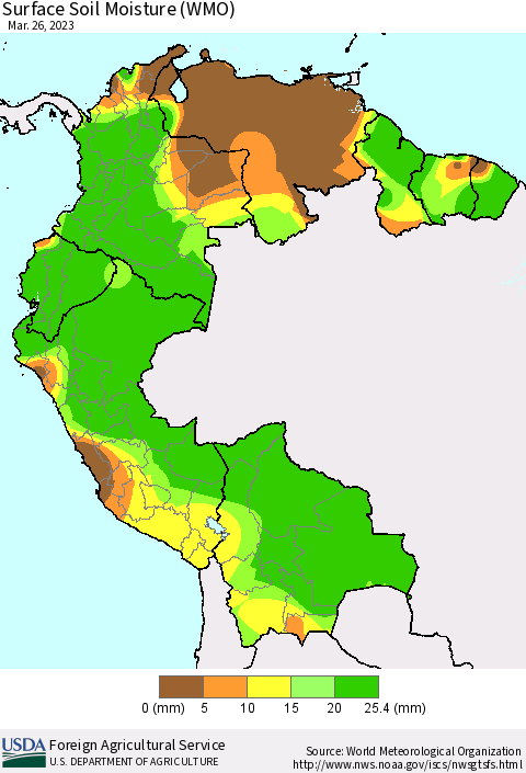 Northern South America Surface Soil Moisture (WMO) Thematic Map For 3/20/2023 - 3/26/2023