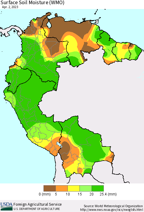 Northern South America Surface Soil Moisture (WMO) Thematic Map For 3/27/2023 - 4/2/2023
