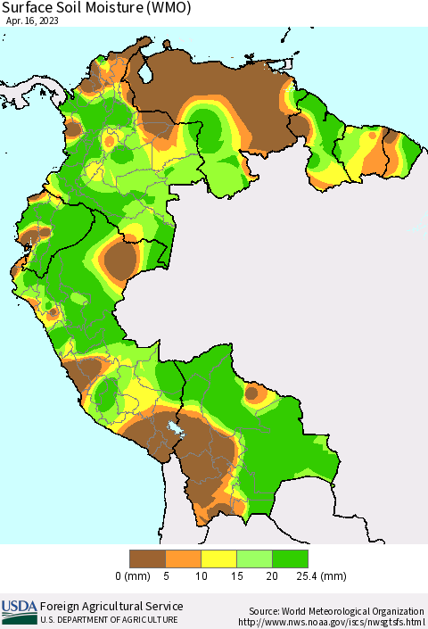 Northern South America Surface Soil Moisture (WMO) Thematic Map For 4/10/2023 - 4/16/2023