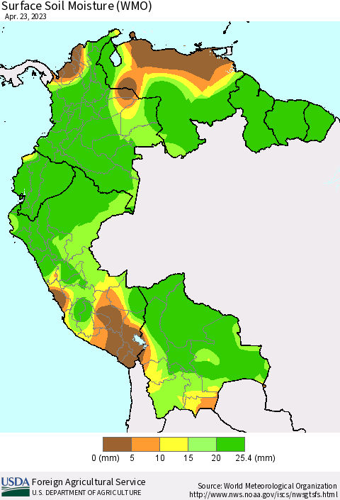 Northern South America Surface Soil Moisture (WMO) Thematic Map For 4/17/2023 - 4/23/2023