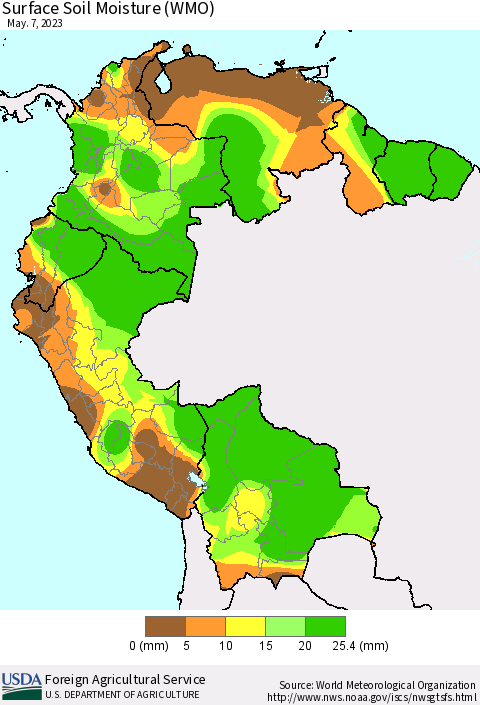 Northern South America Surface Soil Moisture (WMO) Thematic Map For 5/1/2023 - 5/7/2023