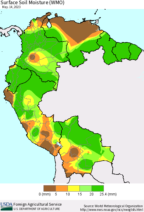Northern South America Surface Soil Moisture (WMO) Thematic Map For 5/8/2023 - 5/14/2023