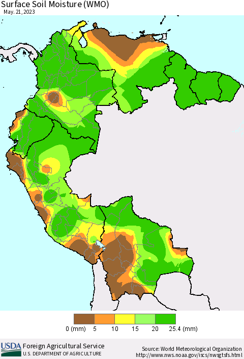 Northern South America Surface Soil Moisture (WMO) Thematic Map For 5/15/2023 - 5/21/2023