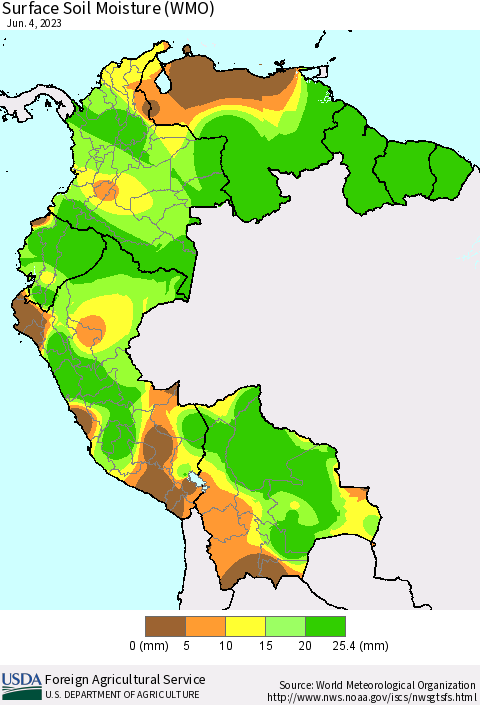 Northern South America Surface Soil Moisture (WMO) Thematic Map For 5/29/2023 - 6/4/2023