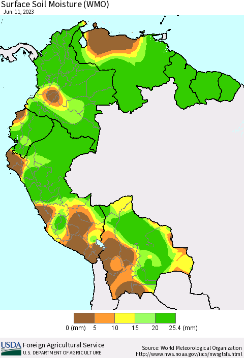 Northern South America Surface Soil Moisture (WMO) Thematic Map For 6/5/2023 - 6/11/2023