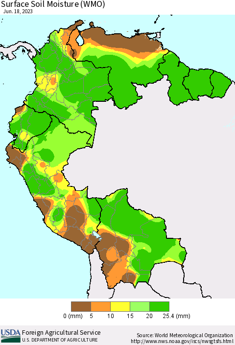 Northern South America Surface Soil Moisture (WMO) Thematic Map For 6/12/2023 - 6/18/2023