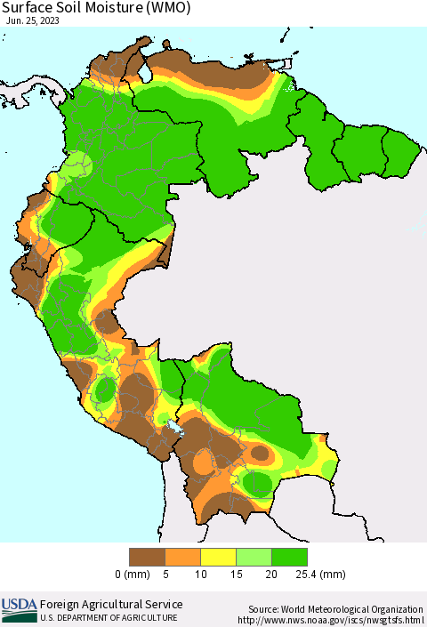 Northern South America Surface Soil Moisture (WMO) Thematic Map For 6/19/2023 - 6/25/2023