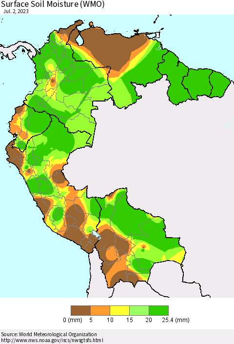 Northern South America Surface Soil Moisture (WMO) Thematic Map For 6/26/2023 - 7/2/2023