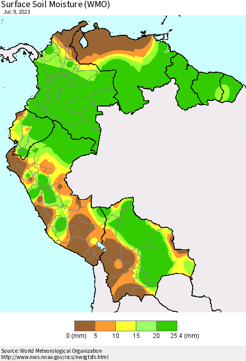Northern South America Surface Soil Moisture (WMO) Thematic Map For 7/3/2023 - 7/9/2023