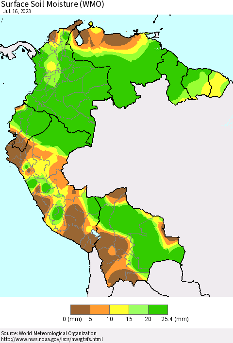 Northern South America Surface Soil Moisture (WMO) Thematic Map For 7/10/2023 - 7/16/2023