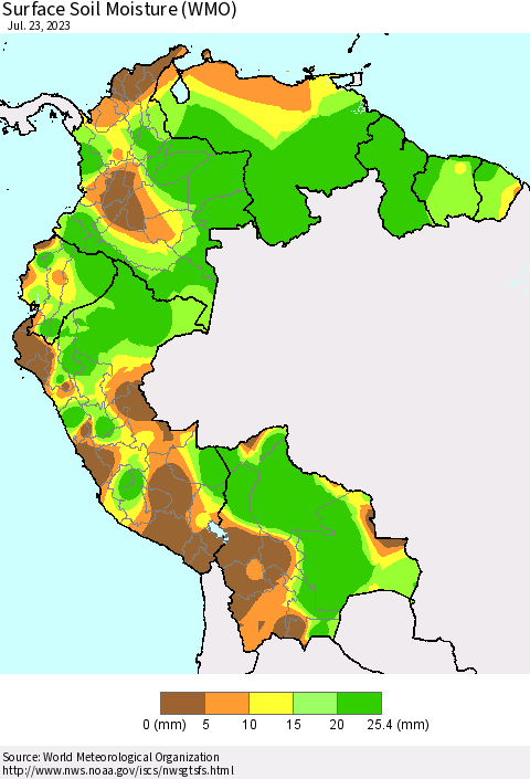 Northern South America Surface Soil Moisture (WMO) Thematic Map For 7/17/2023 - 7/23/2023
