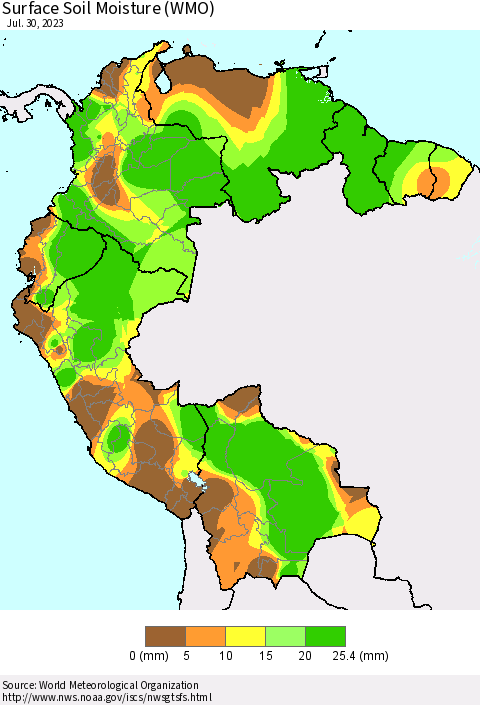 Northern South America Surface Soil Moisture (WMO) Thematic Map For 7/24/2023 - 7/30/2023
