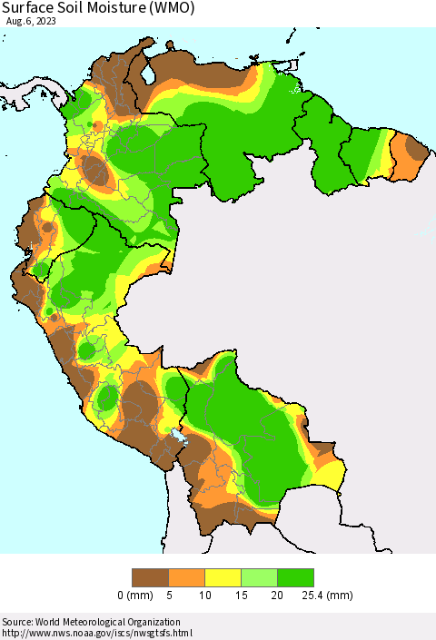 Northern South America Surface Soil Moisture (WMO) Thematic Map For 7/31/2023 - 8/6/2023